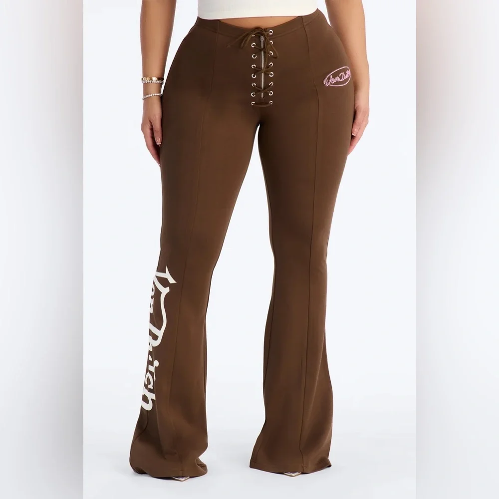 Von Dutch Brown Lace-Up Flare Pants - Picture 1 of 2